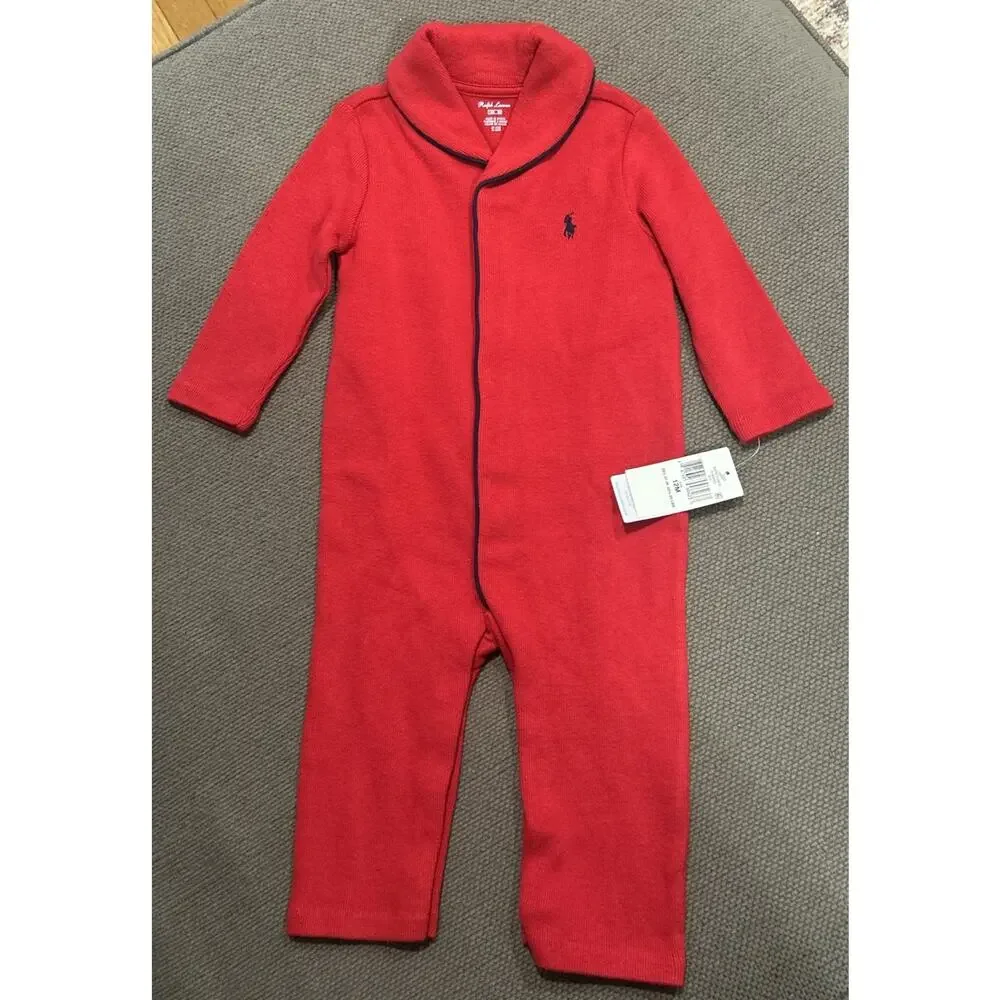 Infants Boys Girls RALPH LAUREN Red W/ Blue Trim One Piece Romper Size 12M *B5